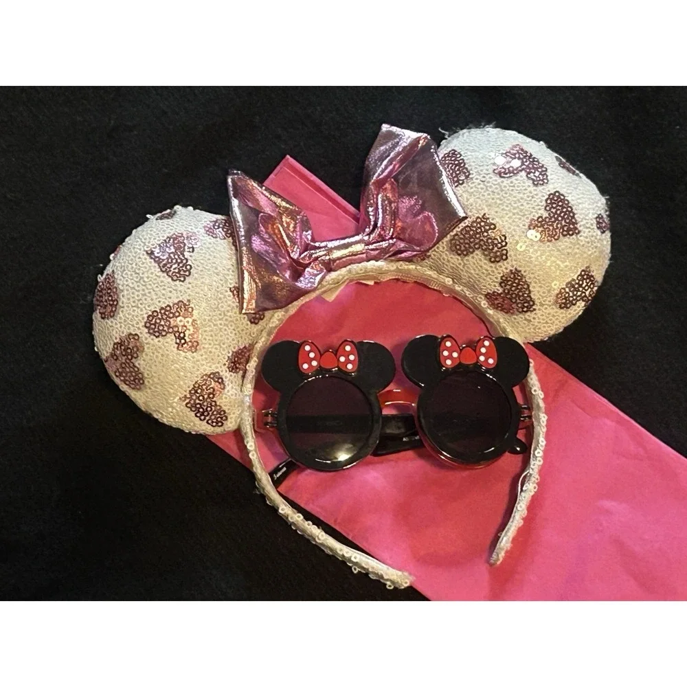 Disney Parks Heart Sequin Minnie Mouse Ears Pink Bow Headband + Glasses (Bonus)